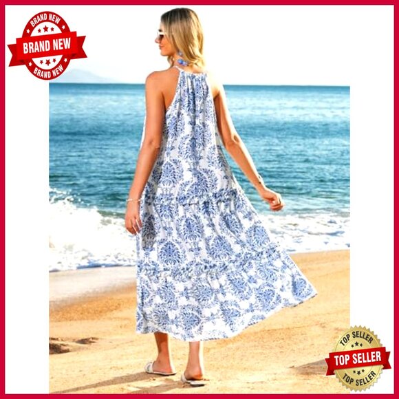 Boho Maxi Dress Flowy Halter Tiered Ruffle Summer Casual Beach Vacation - Picture 5 of 5